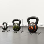Kettlebell-set, 3 Kettlebells (2,2 kg / 4,5 kg / 6,8 kg), Plastöverdrag, Svart