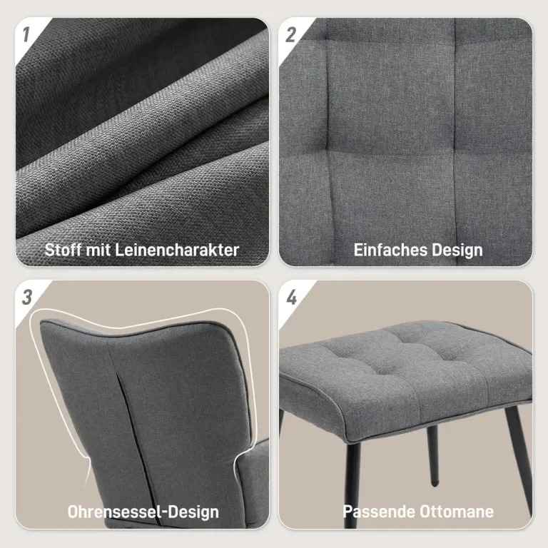 Gungstol med Fotpall i Slitstarkt Linnetyg, Mörkgrå
