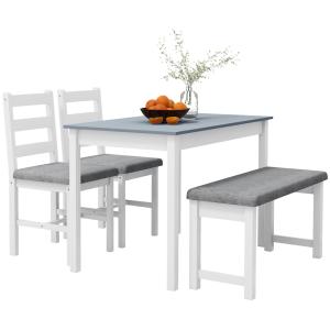 Matgrupp Matbordsset Grå Vit av Furu och Linnelook för Matsal 4-Delad Grupp med Bord 2 Stolar och Bänk Modern Design