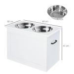 Matbar för Hund med Förvaring, Upphöjd Matstation med Två Rostfria Skålar, Praktiskt Foderskåp i Vitt Trä, Vit, 60 x 30 x 41 cm