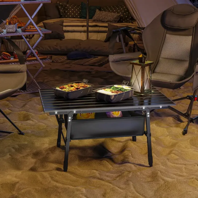 Campingbord Fällbord med Förvaringskorg Svart av Aluminium