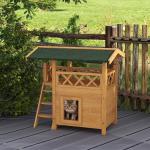 Katthus Kattvilla Natur av Massivt Trä för Utomhusbruk 2-Vånings Hus med Asfalttak och Balkong Trappa för Katter 77 x 50 x 73 cm