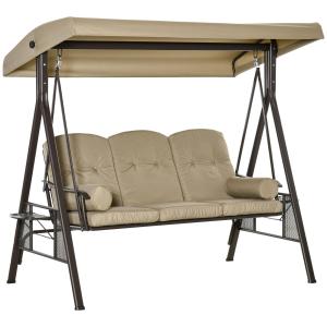 3-Sitsig Hammock med Soltak, Bekväm Trädgårdsgunga i Metall med Dynor, Väderbeständig Hängsoffa, Khaki, 116 x 206 x 183 cm