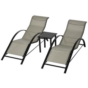 Trädgårdsstolset Solstolar Grå Svart av Metall för Uteplats och Trädgård 3 Delar med 2 Stolar och Sidobord Bekväm Sittgrupp