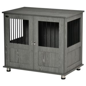 Hundbur Hundkennel med Lås och Fönster Grå av Metall och Trä för Små och Medelstora Hundar Inomhus Bur med Magnetdörr 85 x 55 x 87 cm