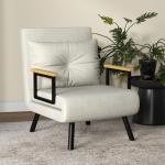 Relaxfåtölj i Skandidesign inkl Kudde med Knappdekor för Vardagsrum och Sovrum Ergonomisk och Avkopplande Krämfärgad Tyg och Trä
