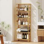 Badrumshylla 6 Plan Justerbar Naturfärgad Bambu för Badrum och Kök Fristående Förvaringshylla med Öppna Hyllplan Robust och Stabil Design