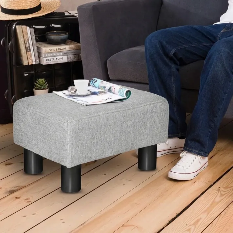 Fotpall Ottoman Grå av Linne och Trä Rektangulär Stoppad