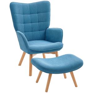Fåtölj Öronlappsfåtölj med Pall Blå av Manchesterlook och Trä för Vardagsrum Loungestol med Hög Rygg
