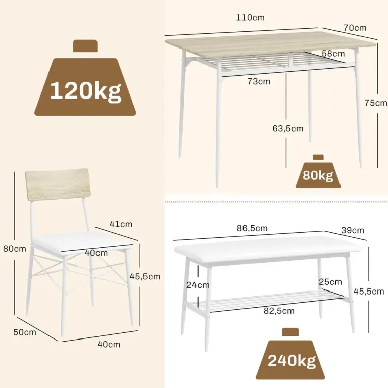 Matgrupp Köksbord Ek av Trä och Metall 4 Delar med Matbord