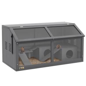 Hamsterbur i Trä med Hängbro och Stegar för Guldhamster och Smådjur Hållbar och Lättmonterad Grå Massivt Trä och Metall 84 x 45 x 44 cm