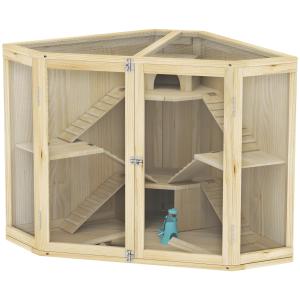 Hamsterbur Smådjursbur Natur av Trä och Metall för Hamstrar 4 Nivåer med Ramp och Hyddor 115 x 69,5 x 79 cm