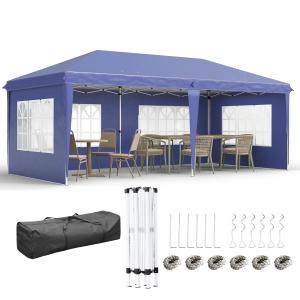 Paviljong Partytält Blå av Oxford Tyg och Stål för Trädgård Hopfällbar Pop Up med Fönster och Sidoväggar UV-skydd 2,95 x 5,85 m