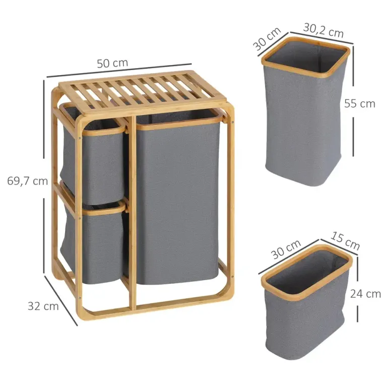 Tvättkorg med Hylla i Bambu Praktisk 50 x 32 x 69,7 cm