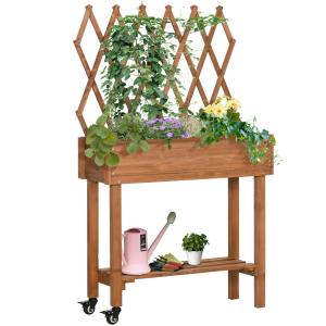 Odlingslåda med Spaljé på Hjul, Upphöjd Blomlåda i Massivt Trä, Flyttbar Rumsavdelare för Terrass, Brun, 79 x 29 x 130 cm