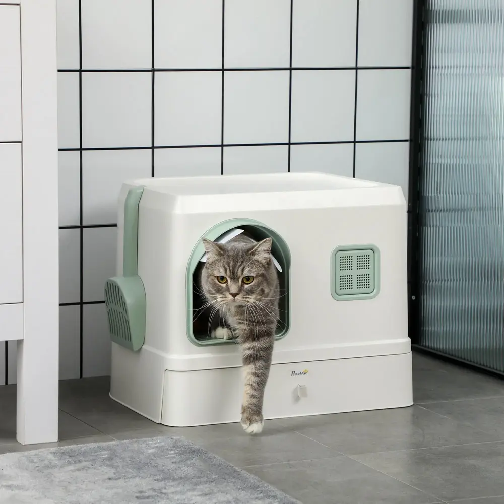 Kattlåda Toalett med Huva Vit Grön av Plast 50 x 40 x 40 Cm