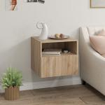 Sängbord Väggmonterat Ljusbrun Spånskiva för Sovrum Vägghängt Nattduksbord med Låda och Öppen Hylla Svävande Design Modern Inredning