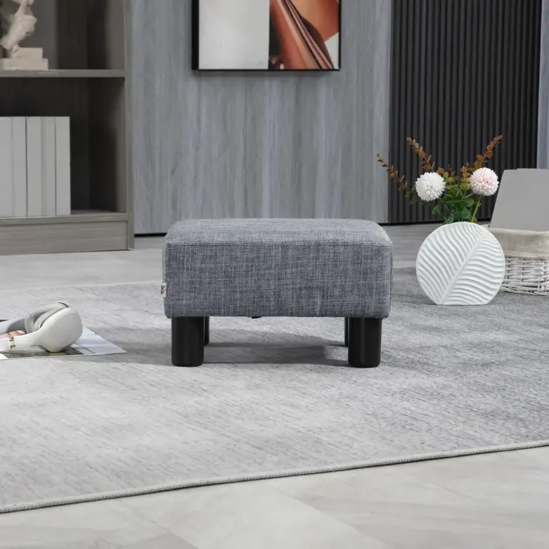 Fotpall Ottoman Grå av Linne och Trä Rektangulär Stoppad