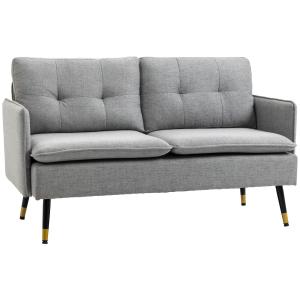 Tvåsits Soffa Loveseat Grå av Linnelook och Trä för Vardagsrum och Sovrum Dubbelsoffa med Kuddar Bekväm 139 x 68 x 76 cm