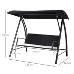 Hammock med Justerbart Tak 3-Sits Trädgårdsgunga med Dyna Konstrotting Stabil Konstruktion Svart 198 X 124 X 179 Cm