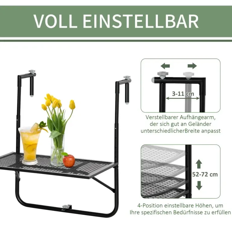 Balkongbord Hängbord Fällbart Svart av Metall 60 x 40 Cm