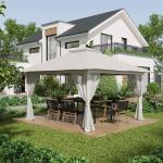 Fällbart Lusthus Paviljong Krämvit av Stål och Polyester för Trädgård och Evenemang Justerbar Höjd med UV-Skydd och 4 Nätgardiner 4 x 4 m