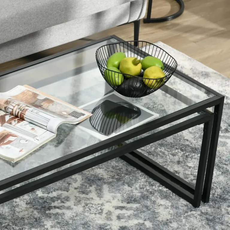 Set 2 Soffbord i Glas Pulverlackerat Stål Svart +