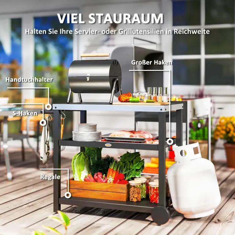 Grillvagn Serveringsvagn med Hyllor Kolgrå 102 x 50 x 81 cm