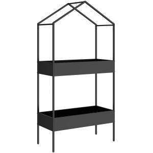 Blomställer Husform Svart Metall för Trädgård och Balkong med 2 Hyllor och Krokar Dekorativ 150 cm