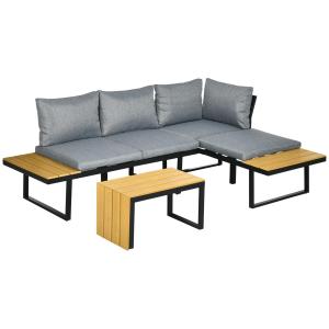 Loungegrupp i Aluminium 3 Personer, Modern Utemöbel med Soffa och Fåtölj, Inkluderar Dynor i Trälook, Mörkgrå/Natur