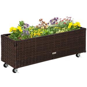 Odlingslåda på Hjul i Konstrotting, Flyttbar Blomkruka med Dränering, Praktisk Plantering för Balkong och Terrass, Kaffebrun, 94,5 x 31 x 36 cm