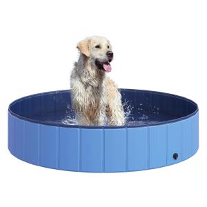 Hundpool Stor Simbassäng för Hundar Plaskdamm PVC och Trä för Sommaren i Trädgården Blå Ø140 X H30 Cm