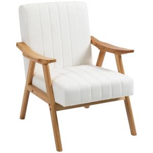 Fåtölj Enkelstol Kräm av Tyg med Sammetslook och Trä för Vardagsrum Scandi Design Klädd Stol med Armstöd Bekväm Sittplats 68 x 74 x 82 cm