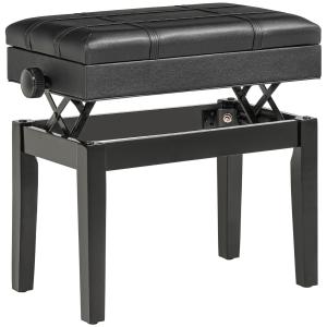 Pianobänk Pianopall Svart av Trä och Läder för Musikrum Höjdjusterbar med Förvaringsutrymme Bekväm Sittdyna 63 x 35 x 46-56 cm