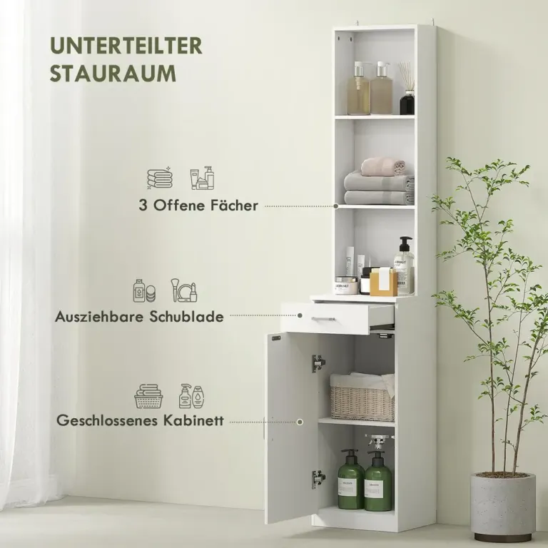 Högt Badrumsskåp Slimmad med Låda Hyllor och Skåp, Vit