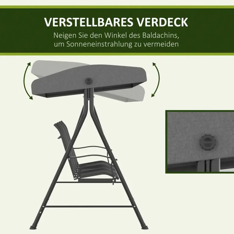 Hammock för Trädgård 3-Sits med Justerbart Tak, Mörkgrå