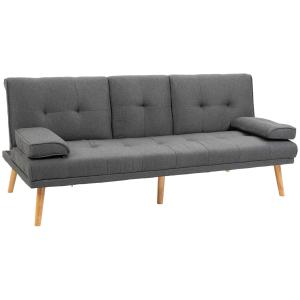 Bäddsoffa 3-Sits Soffa Mörkgrå av Tyg och Trä för Vardagsrum Scandi Design med Hopfällbart Bord och Mugghållare Lastkapacitet upp till 250 kg