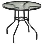 Runt Trädgårdsbord med Glasskiva Väderbeständigt Bistrobord med Parasollhål Stabil Metallram Svart 80 X 72 Cm