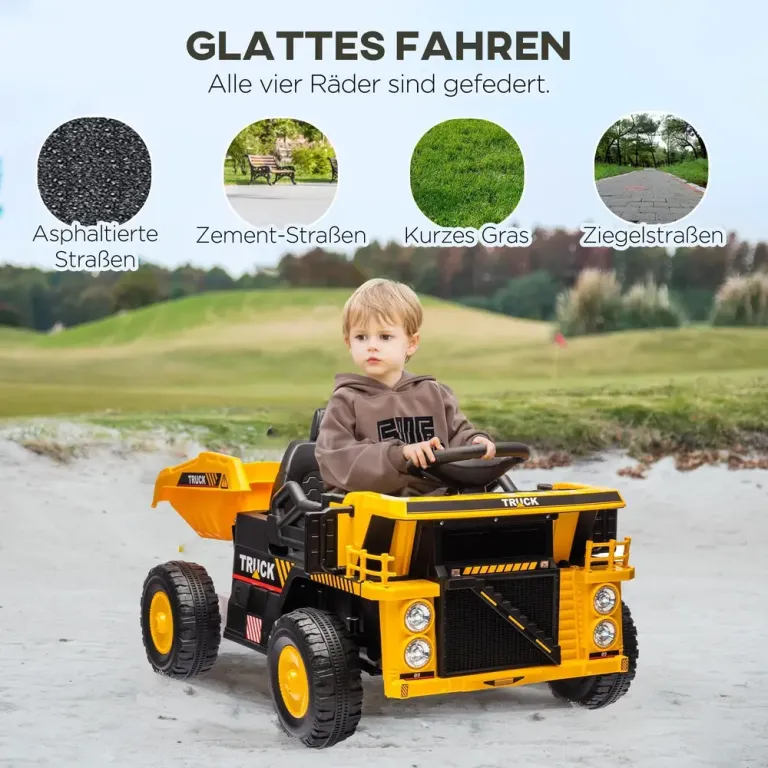 Elbil Traktor med Tippflak & Skopa för Barn Gul