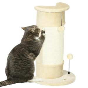 Kattskrapstolpe Klösträd Krämvit av Sisal och Mjuk Plysch för Små Katter med Leksaker och 2 Bollar Lekfull Design 34 x 25,5 x 58 cm