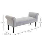 Elegant Sittbänk med Rullade Armstöd, Klädd Bänk i Linnetyg för Hall och Sovrum, Klassisk Design med Träben, Ljusgrå