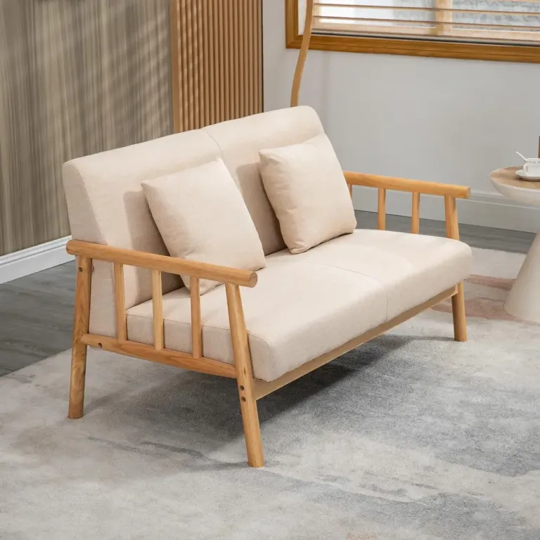 Soffa Loveseat Beige av Tyg med Linnelook och Trä 2-Sits