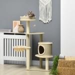 Skrapstolpe Kattträd Beige av Sisal och Plysch för 1-2 Katter med 2 Liggplatser och Korg Lekboll Klättertorn 124 cm