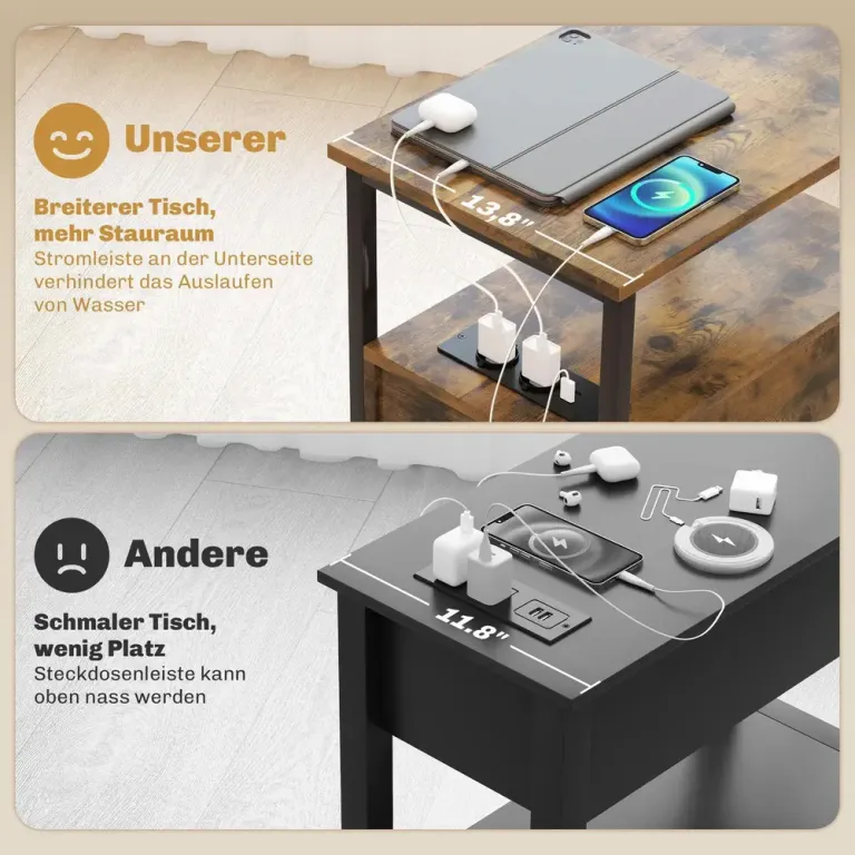 Sidobord Soffbord med Laddstation och USB Rustik Brun