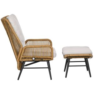 Polyrattan Trädgårdsstol med Pall, Justerbart Ryggstöd, Ljusbrun/Grå/Svart