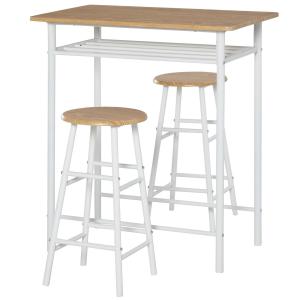 Barbordsset med 2 Barstolar, Kompakt Matgrupp med Hyllor för Kök, Modernt Högt Bord och Stolar i MDF och Stål, Vit/Ek, 80 x 50 x 90 cm