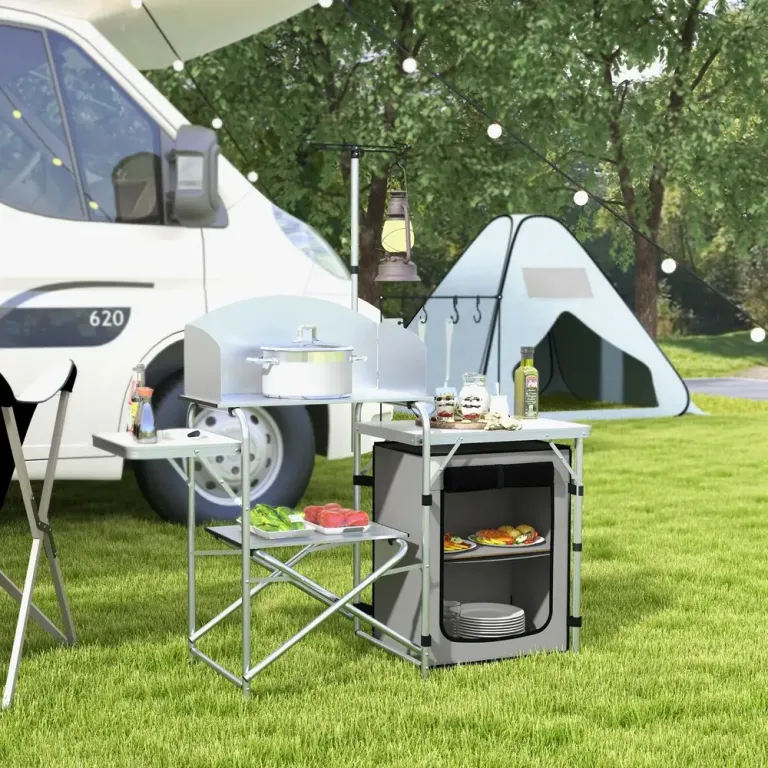 Hopfällbart Campingkök med 3 Bänkskivor i Aluminium, Grå