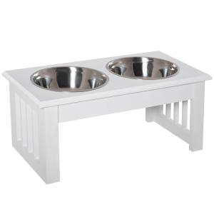 Matstation för Hund Prisvärd Vit för Utfodring med Halkfria Fötter och Två Skålar i Rostfritt Stål för Djur 44 x 24 x 15 cm 0,9 L