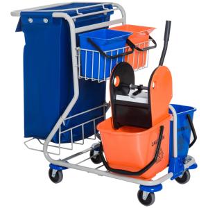 Städvagn 4 Hinkar Torkarvagn Systemvagn med Hjul Professionell Rengöringsutrustning Blå Orange 100 X 70 X 103 Cm