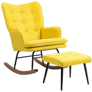 Gungstol Relaxstol Beige av Tyg med Linnelook och Trä för Vardagsrum och Relax Fåtölj med Pall Lastkapacitet upp till 130 kg